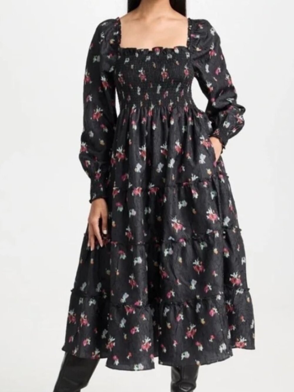 The Naomi Nap Dress, Black Ikat Floral Crushed Taffeta